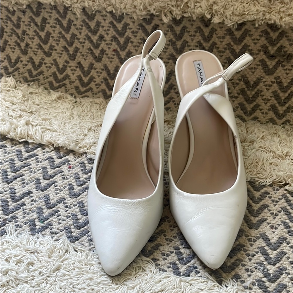 Tahari White Slingback Heels with Pointed Toe